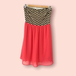 Chevron & Coral Strapless Dress